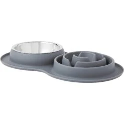 Frisco Silicone Stainless Steel Double Diner Slow Feeder Dog & Cat Bowl, Grey, 3 Cup