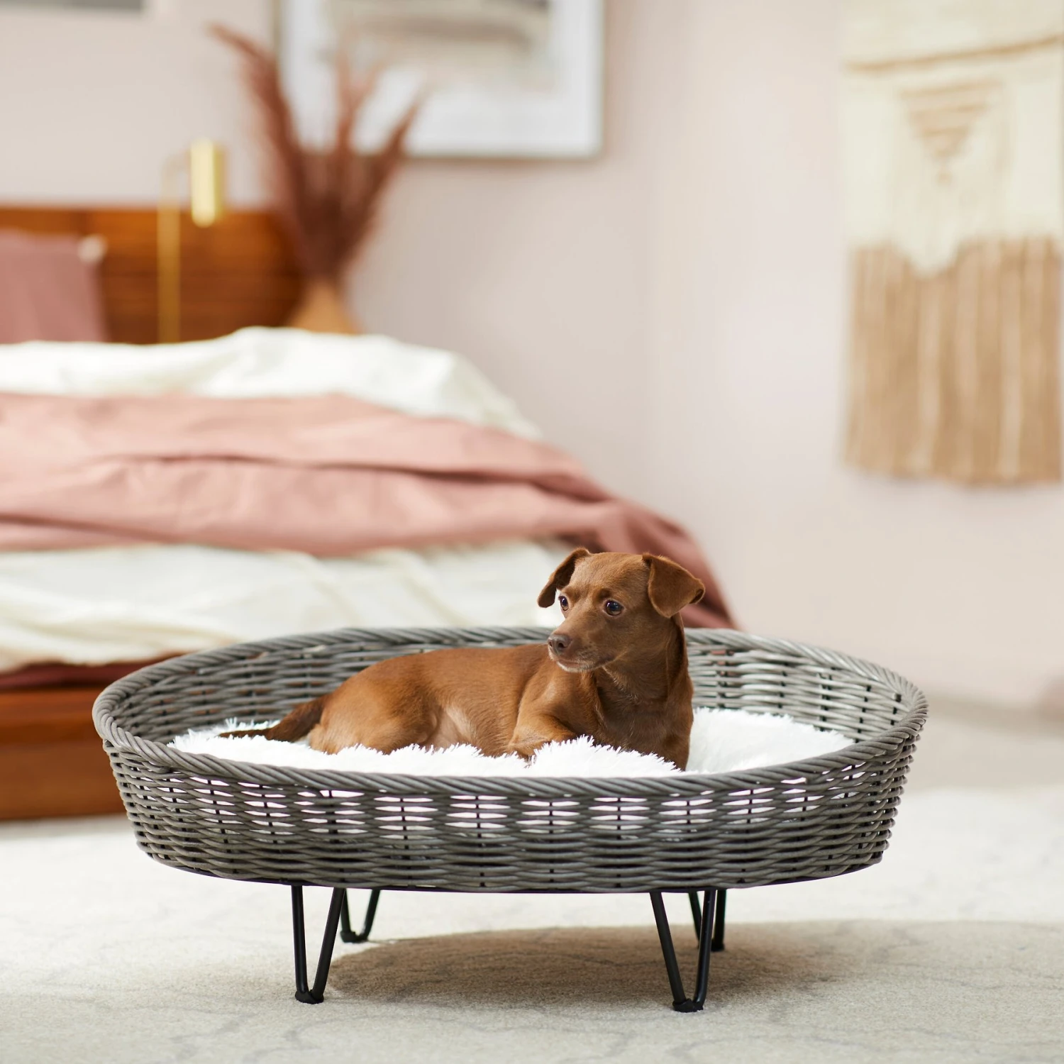 Frisco Elevated Rectangle Wicker Dog & Cat Bed With Eyelash Faux Fur Cushion 3 Frisco Elevated Rectangle Wicker Dog & Cat Bed With Eyelash Faux Fur Cushion