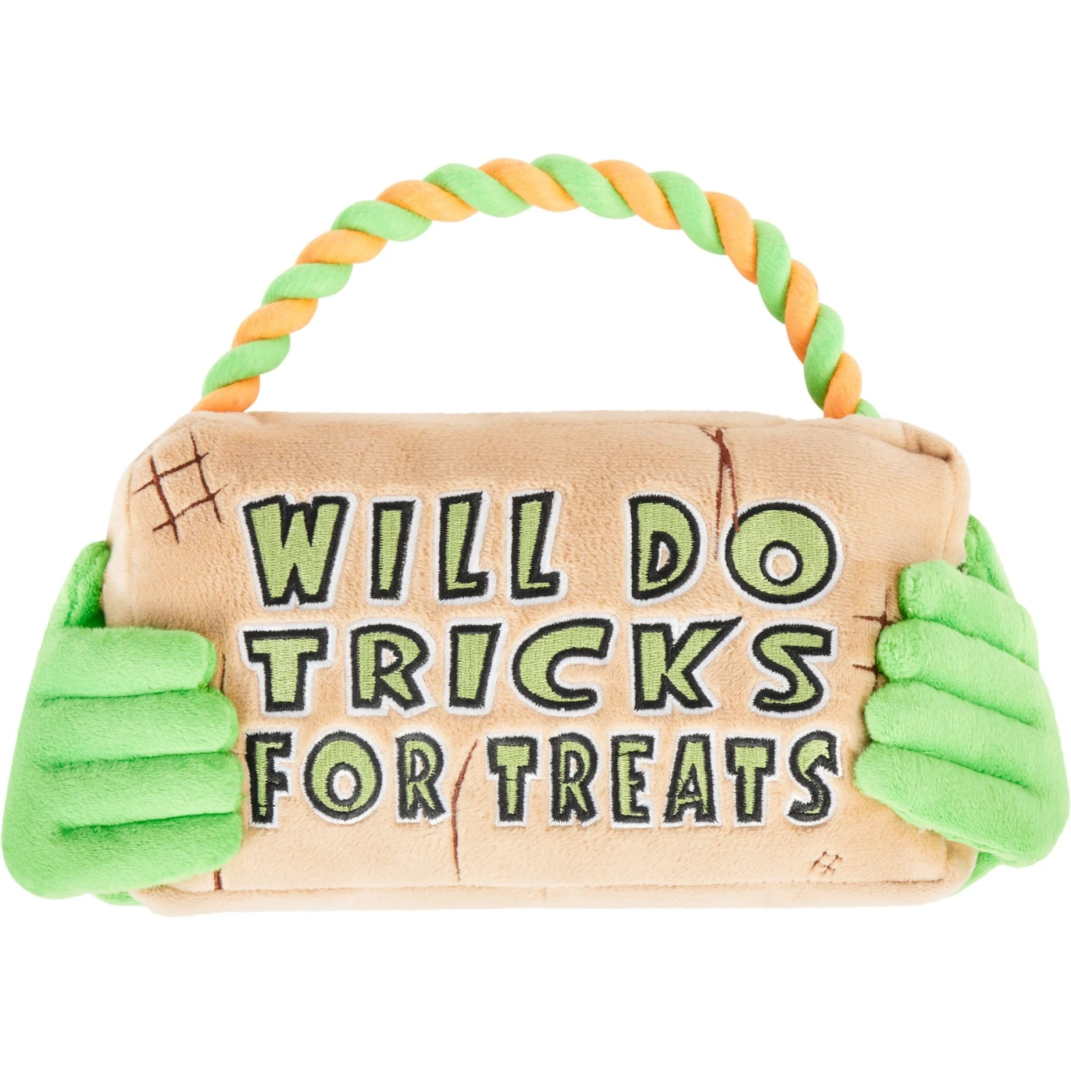 Frisco Halloween "Will Do Tricks For Treats" Sign Plush With Rope Squeaky Dog Toy 3 Frisco Halloween "Will Do Tricks For Treats" Sign Plush With Rope Squeaky Dog Toy